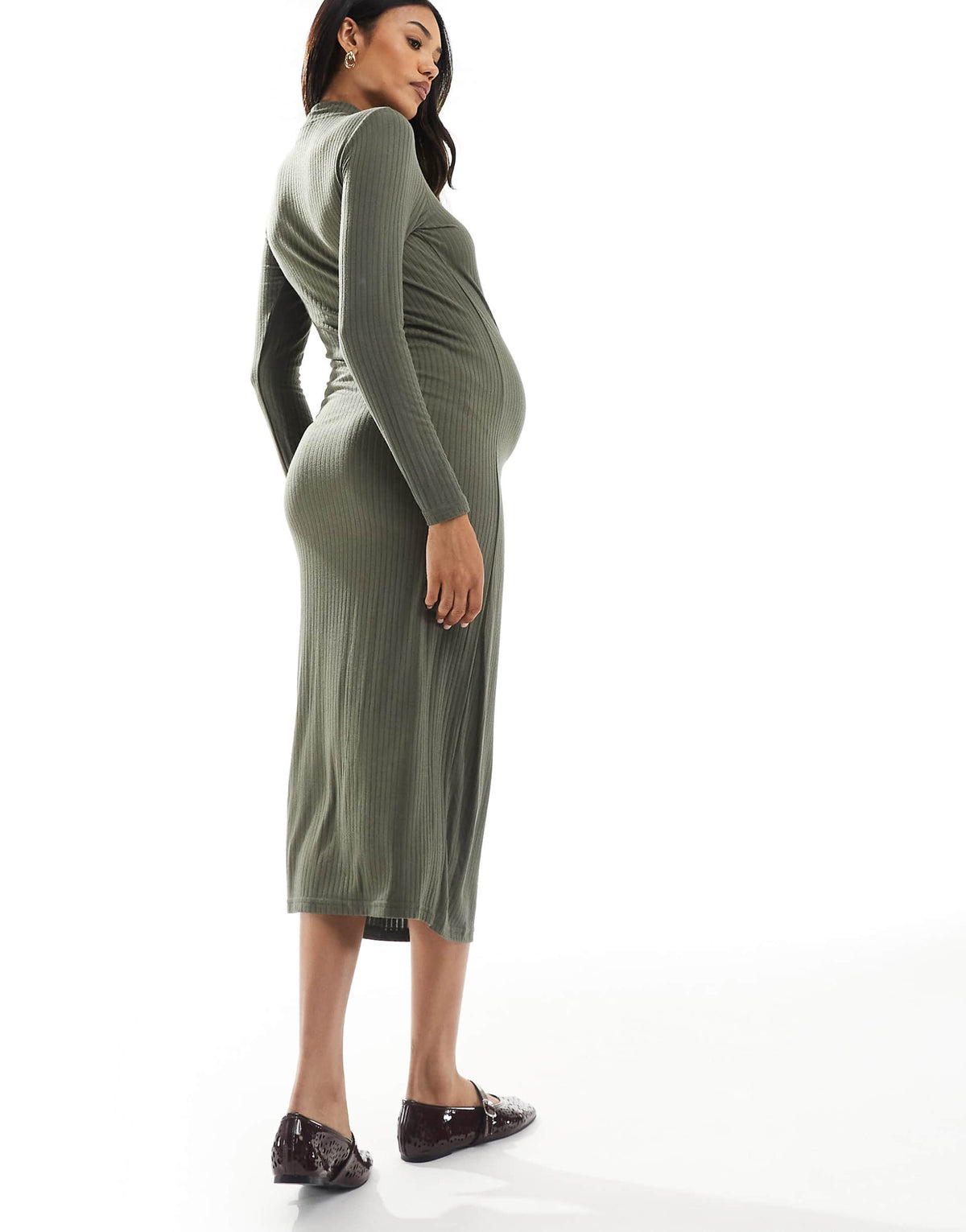 Mamalicious Maternity soft high neck ribbed long sleeved midi dress in grape leaf