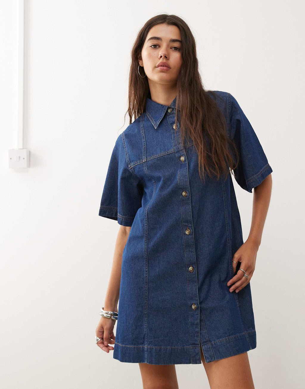 Reclaimed Vintage denim mini shirt dress in mid blue wash with tobacco stitch