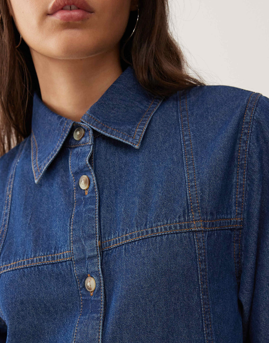 Reclaimed Vintage denim mini shirt dress in mid blue wash with tobacco stitch