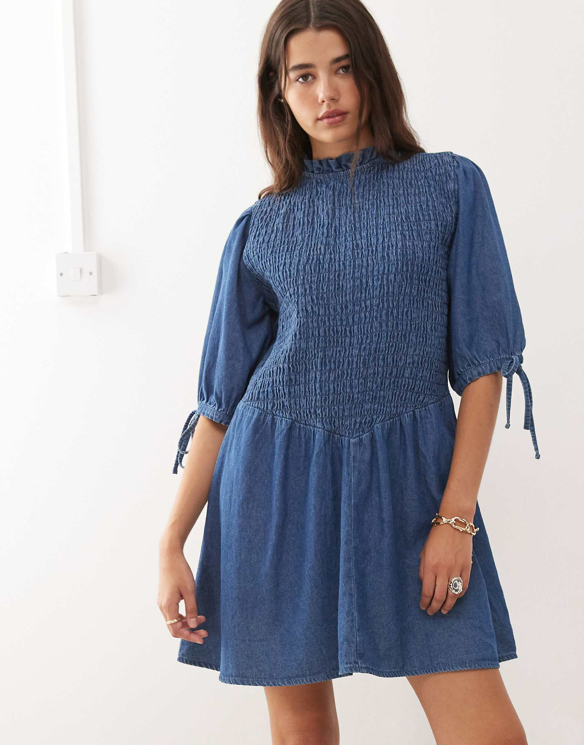 Reclaimed Vintage shirred bodice drop waist mini denim dress in mid blue