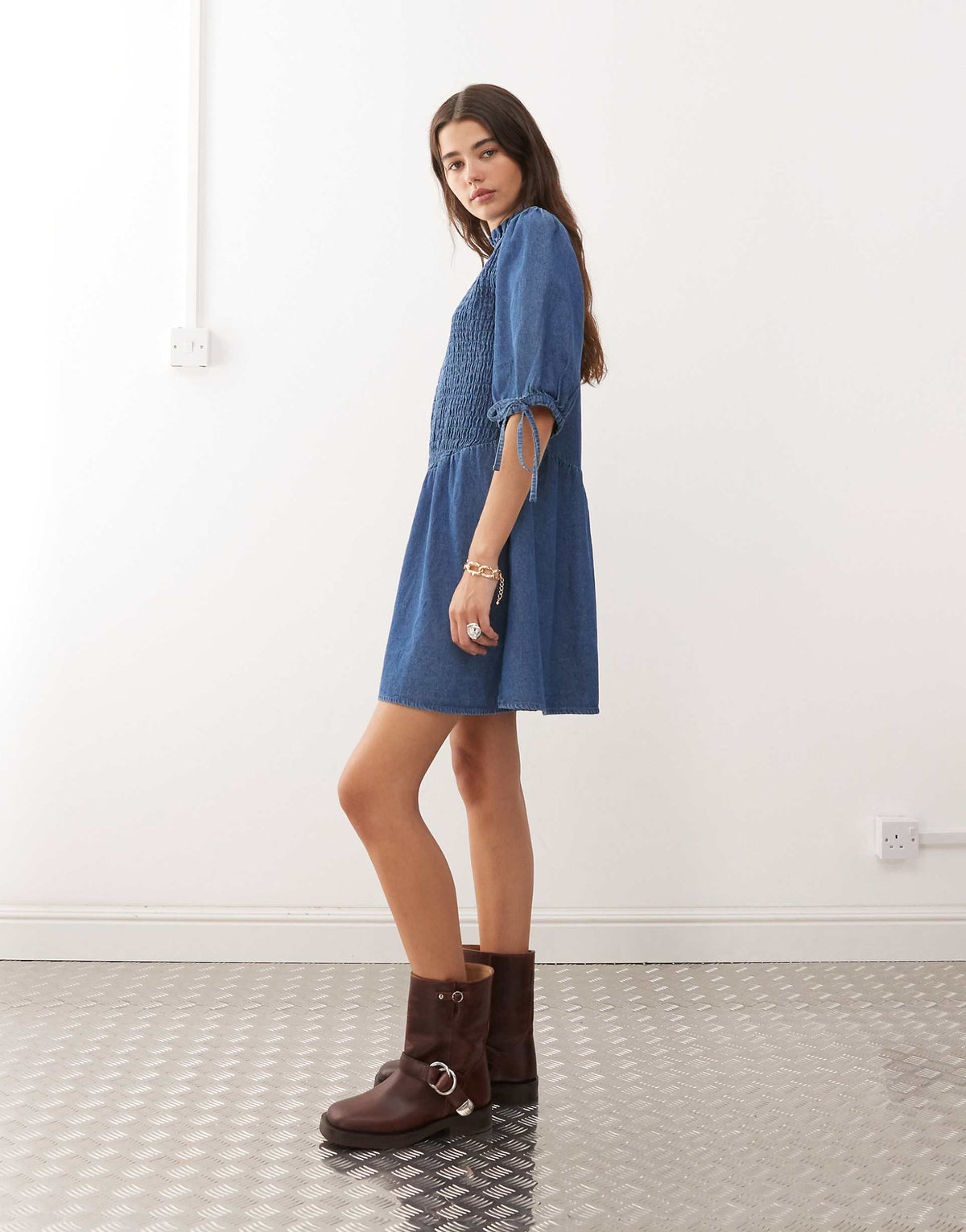 Reclaimed Vintage shirred bodice drop waist mini denim dress in mid blue