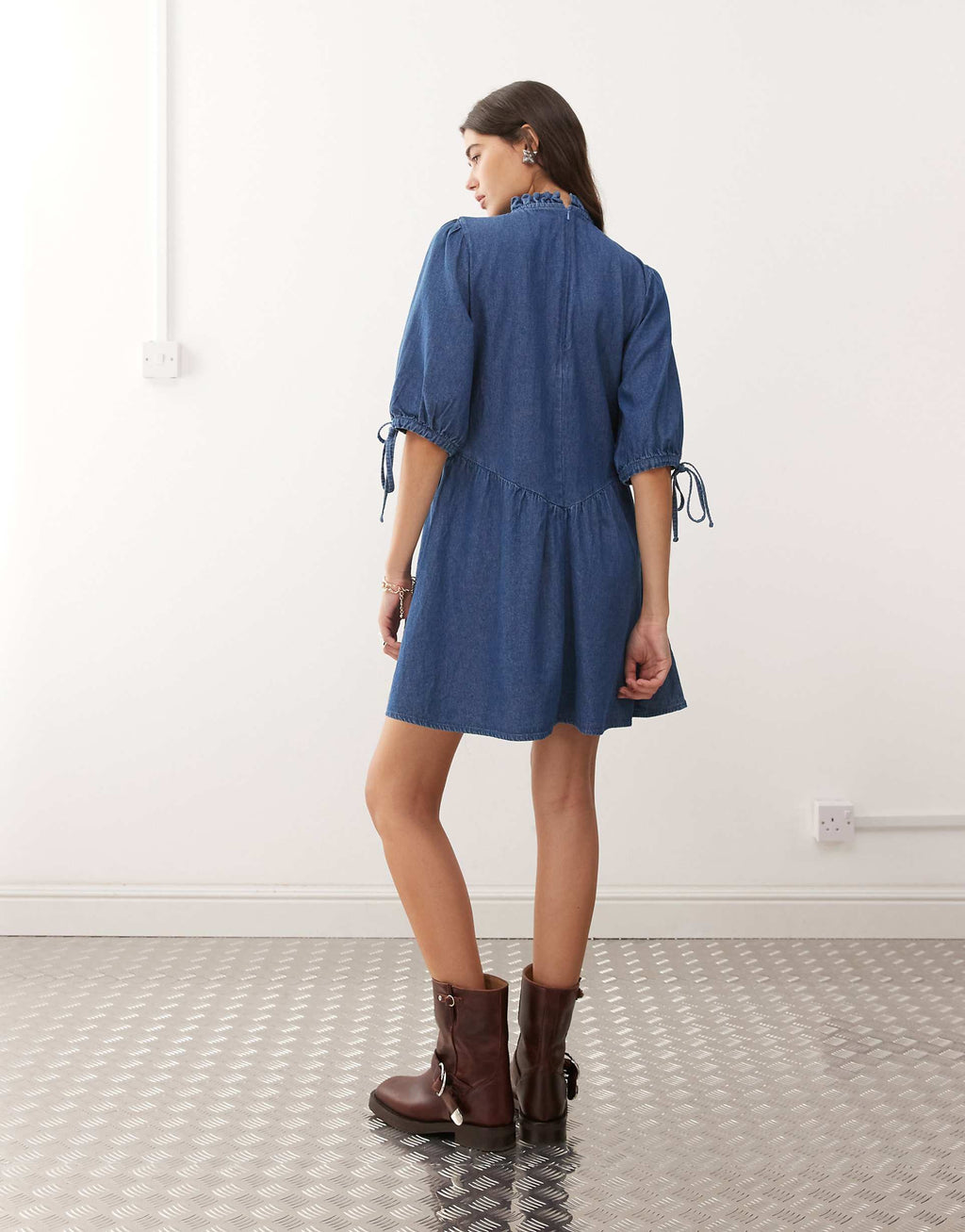 Reclaimed Vintage shirred bodice drop waist mini denim dress in mid blue