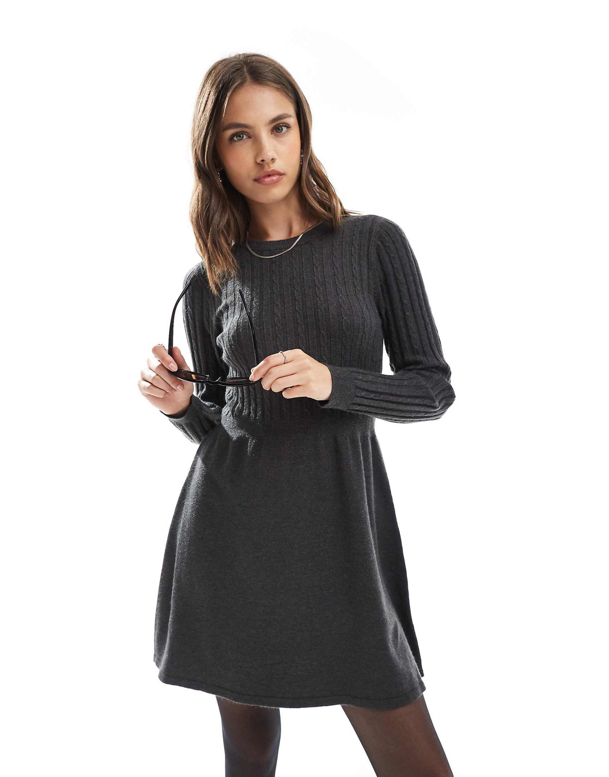 ONLY cable knit mini skater dress in dark gray