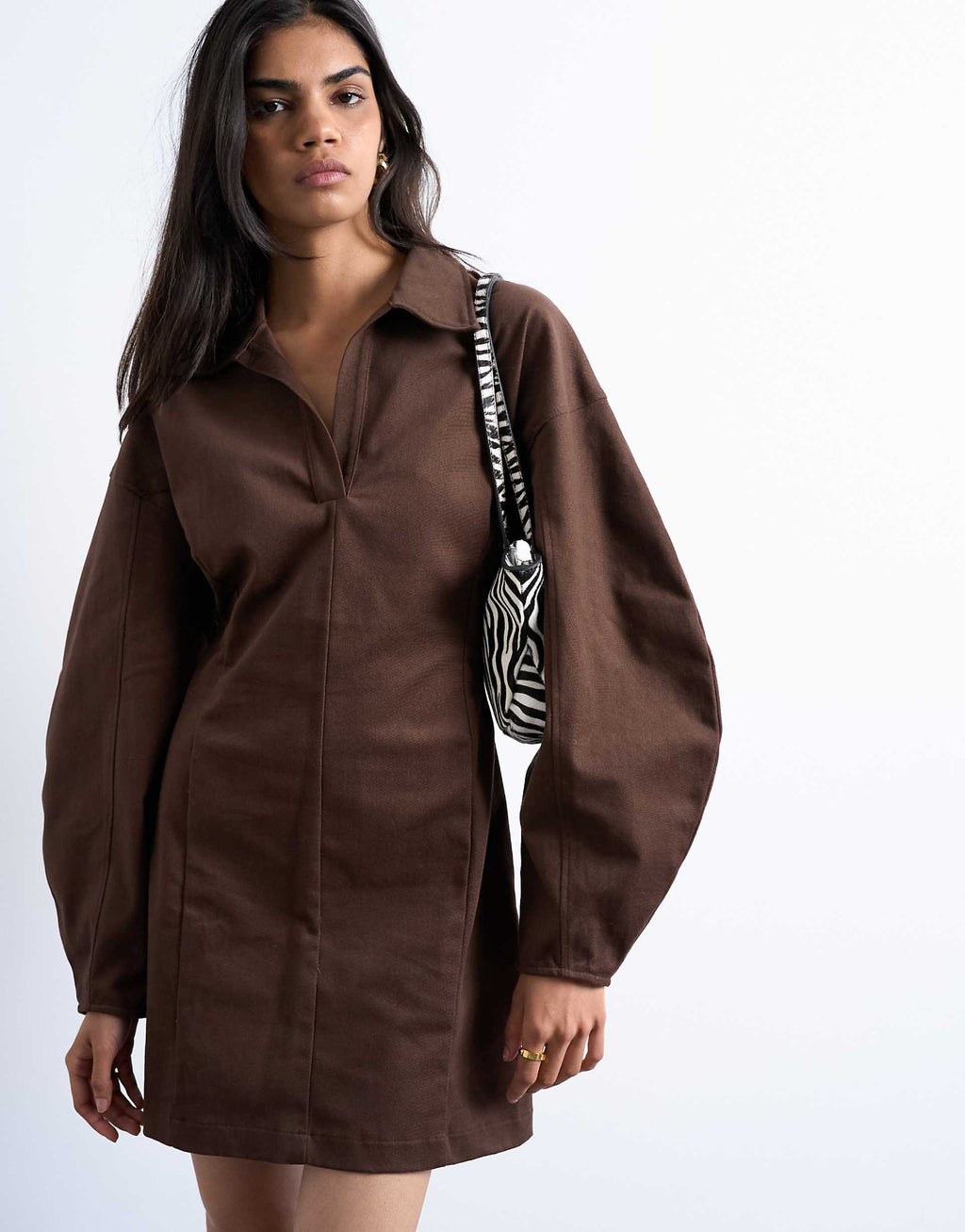 Topshop structured rugby collar mini dress in chocolate