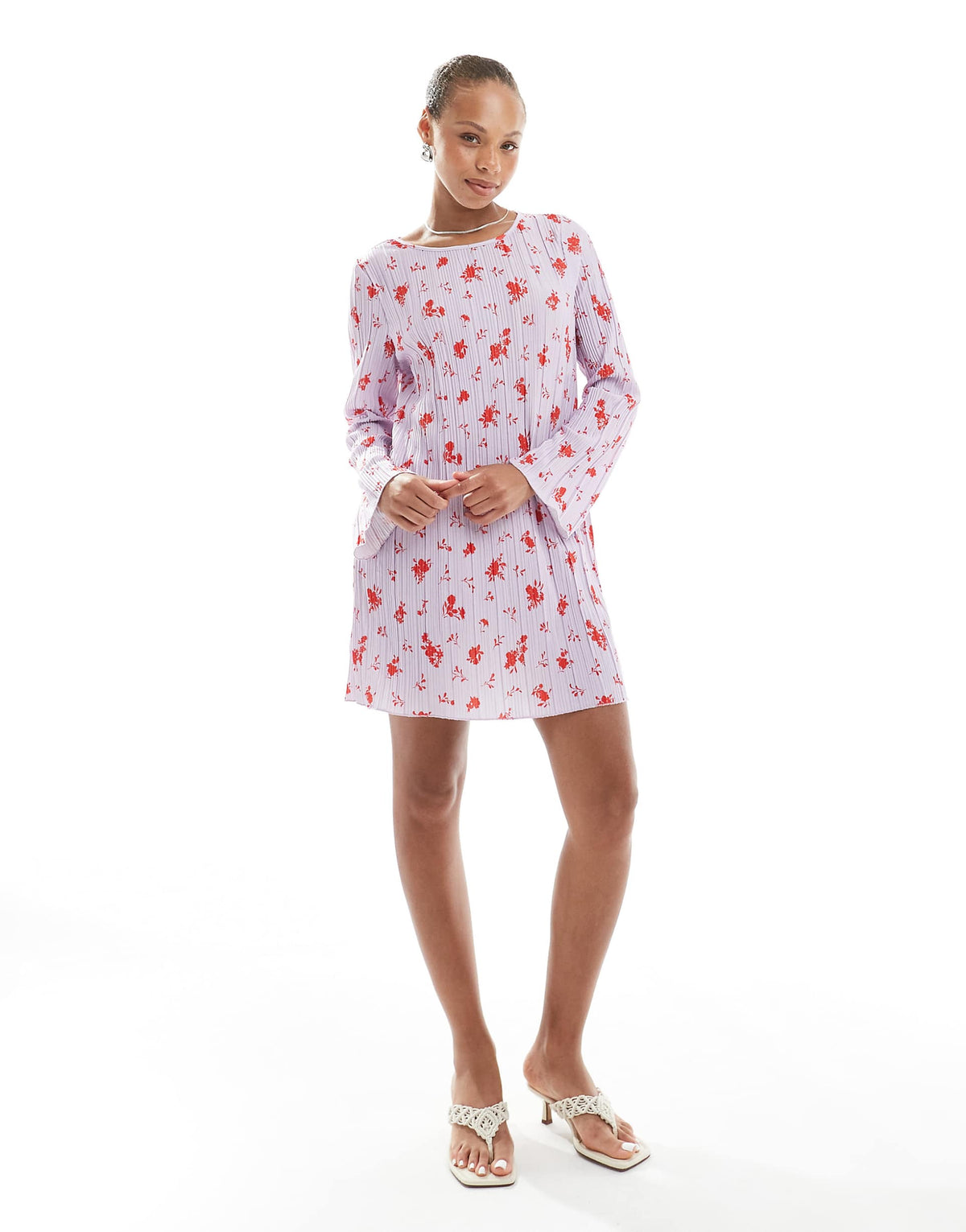 Pieces long sleeve plisse mini dress in lavender floral print