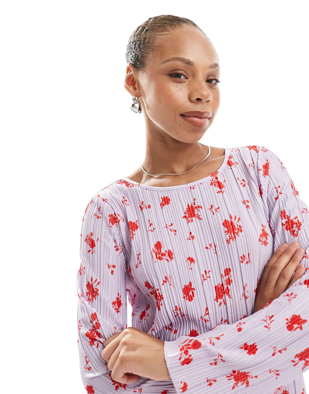 Pieces long sleeve plisse mini dress in lavender floral print