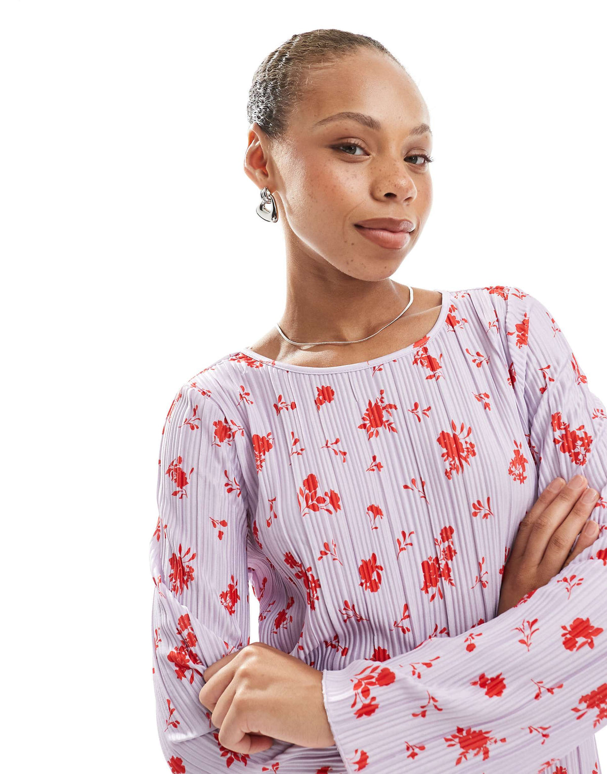 Pieces long sleeve plisse mini dress in lavender floral print