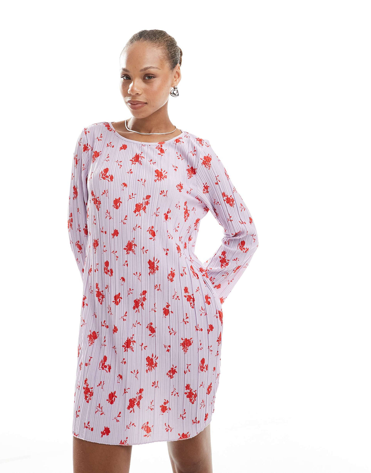 Pieces long sleeve plisse mini dress in lavender floral print
