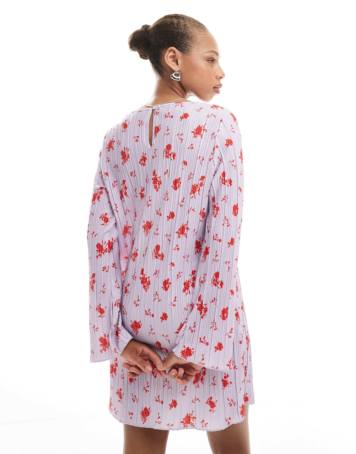 Pieces long sleeve plisse mini dress in lavender floral print