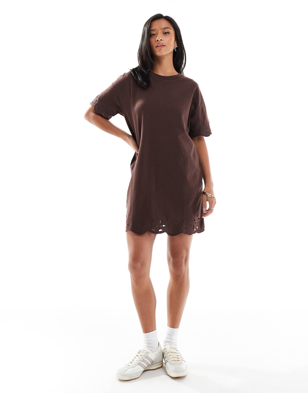 Miss Selfridge Petite cutwork hem T-shirt dress in chocolate