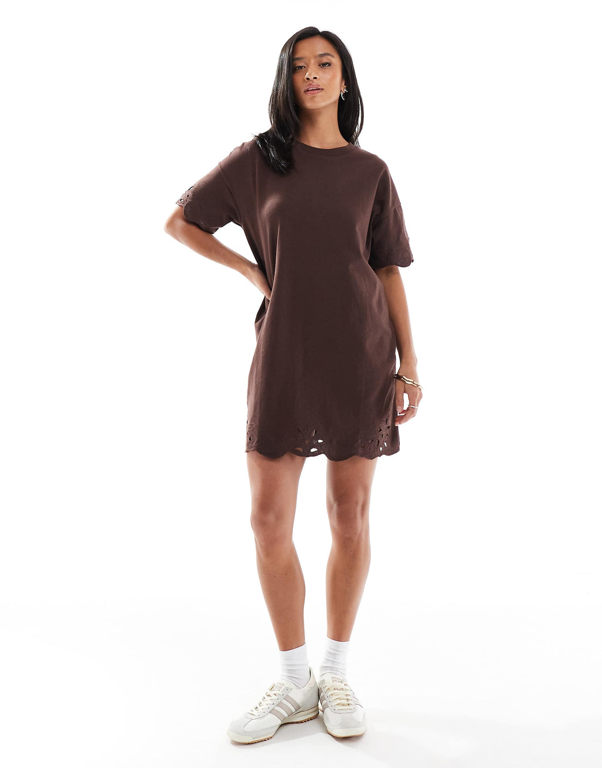 Miss Selfridge Petite cutwork hem T-shirt dress in chocolate