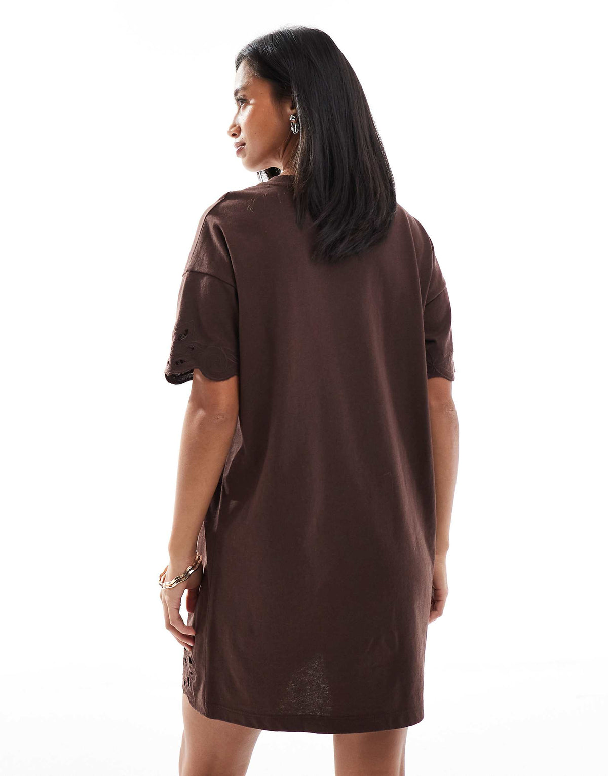 Miss Selfridge Petite cutwork hem T-shirt dress in chocolate