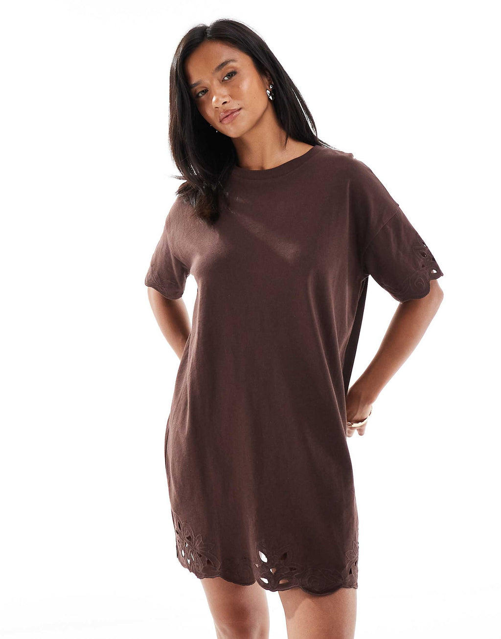 Miss Selfridge Petite cutwork hem T-shirt dress in chocolate
