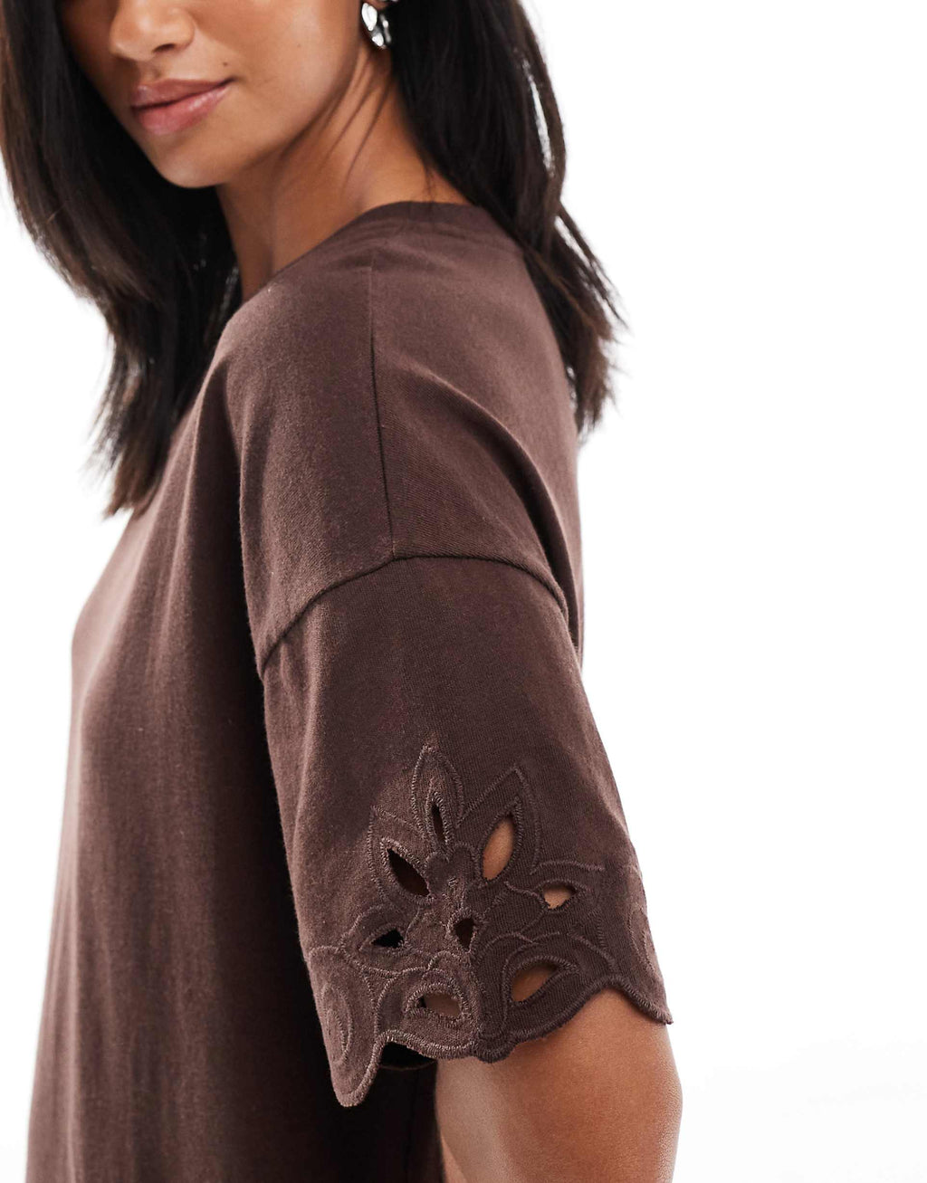 Miss Selfridge Petite cutwork hem T-shirt dress in chocolate