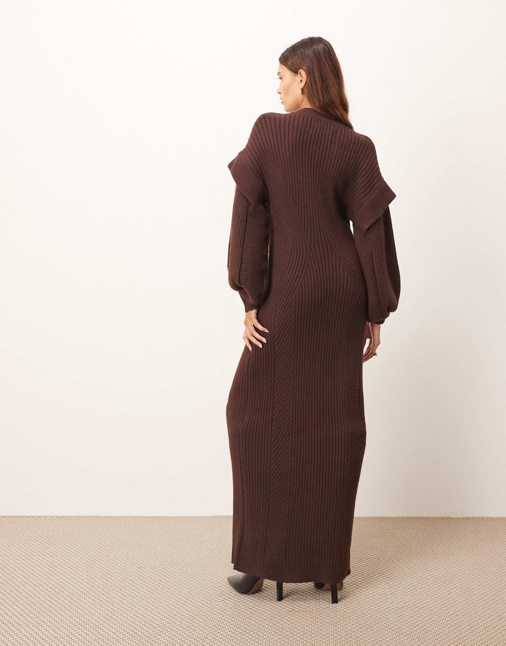 ARRANGE rib knit v neck maxi dress with shoulder detailing in chocolate