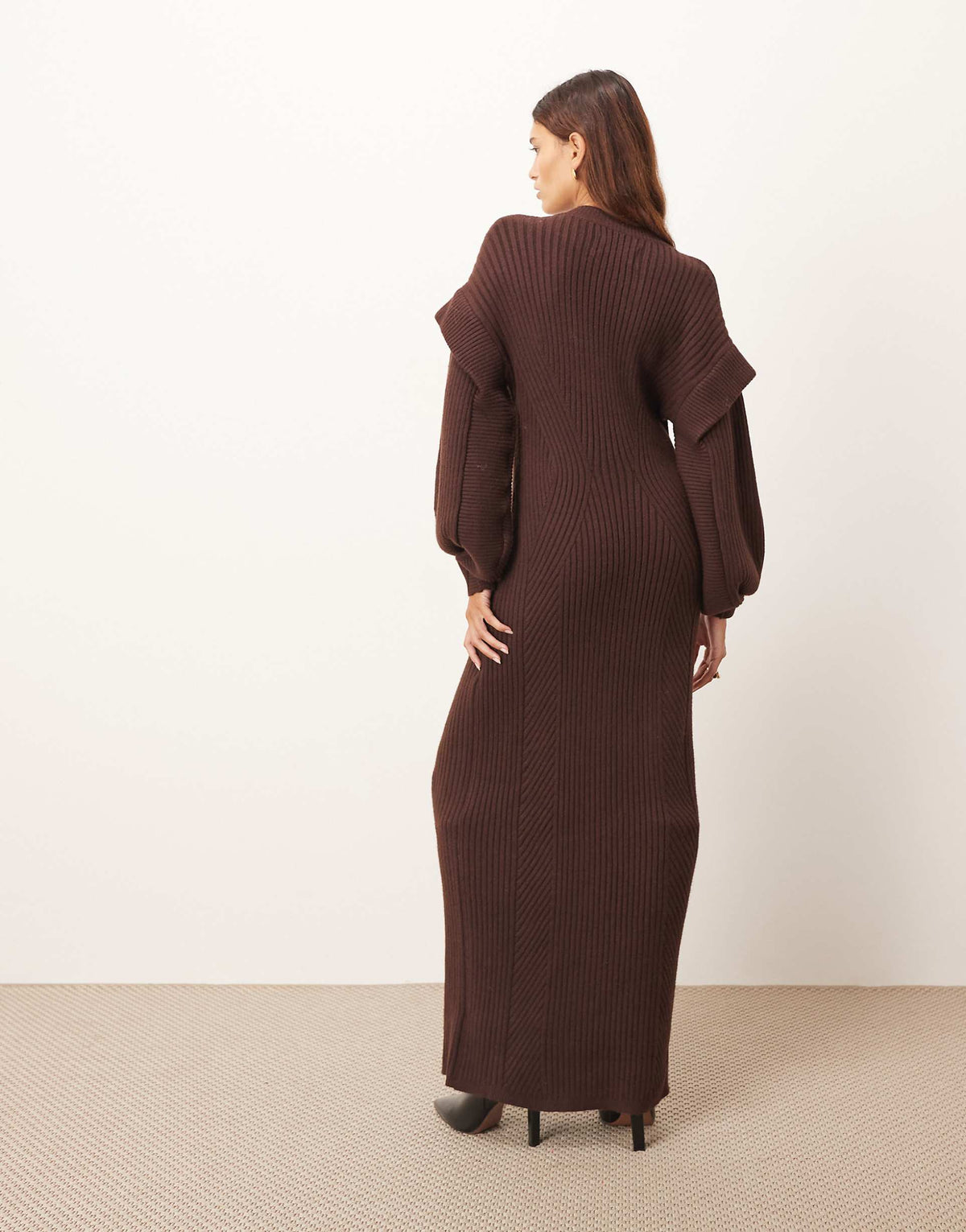 ARRANGE rib knit v neck maxi dress with shoulder detailing in chocolate