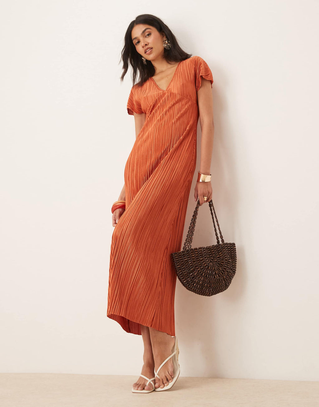 ASOS DESIGN plisse v neck midi dress in rust