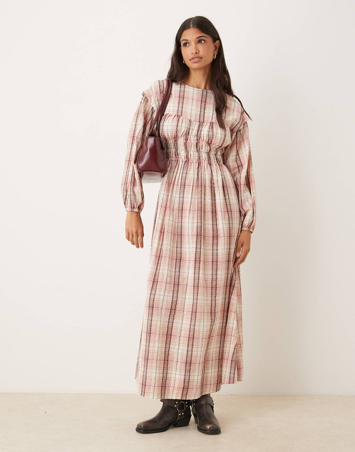 ASOS DESIGN crew neck maxi dress with bust detail and ruched bodice in dusty pink plaid
