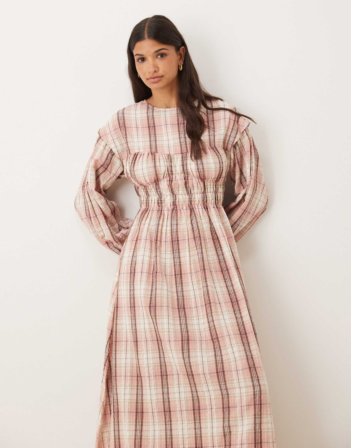 ASOS DESIGN crew neck maxi dress with bust detail and ruched bodice in dusty pink plaid