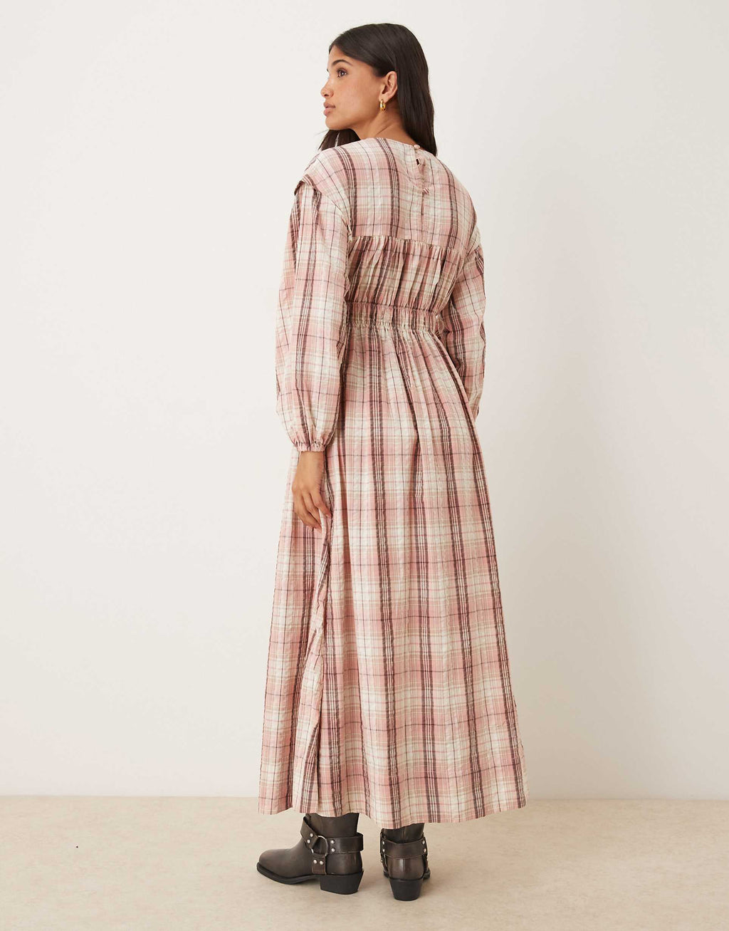 ASOS DESIGN crew neck maxi dress with bust detail and ruched bodice in dusty pink plaid