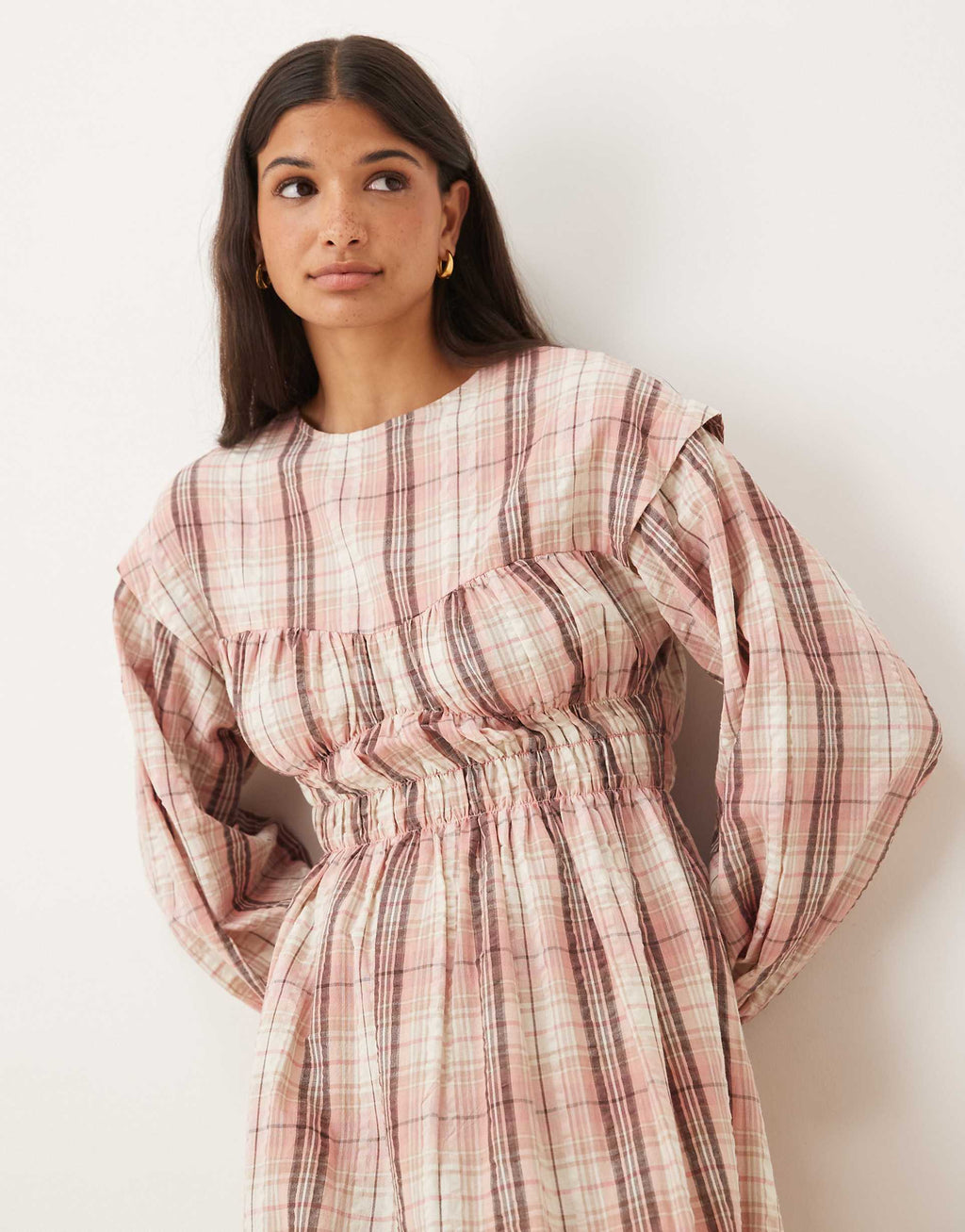 ASOS DESIGN crew neck maxi dress with bust detail and ruched bodice in dusty pink plaid
