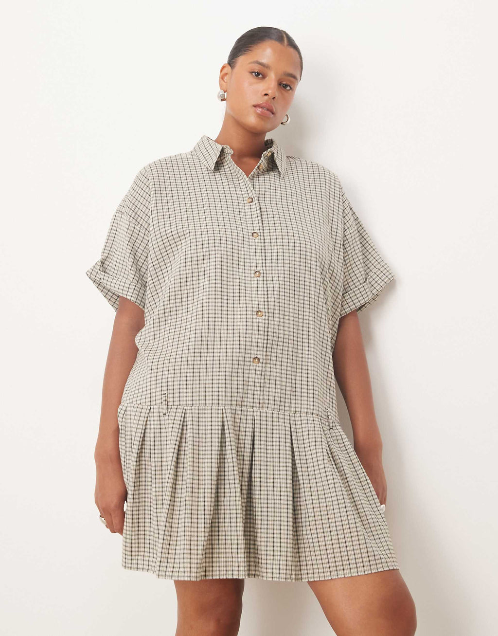 ASOS DESIGN Curve boxy mini shirt dress with dropped waist in black and white plaid