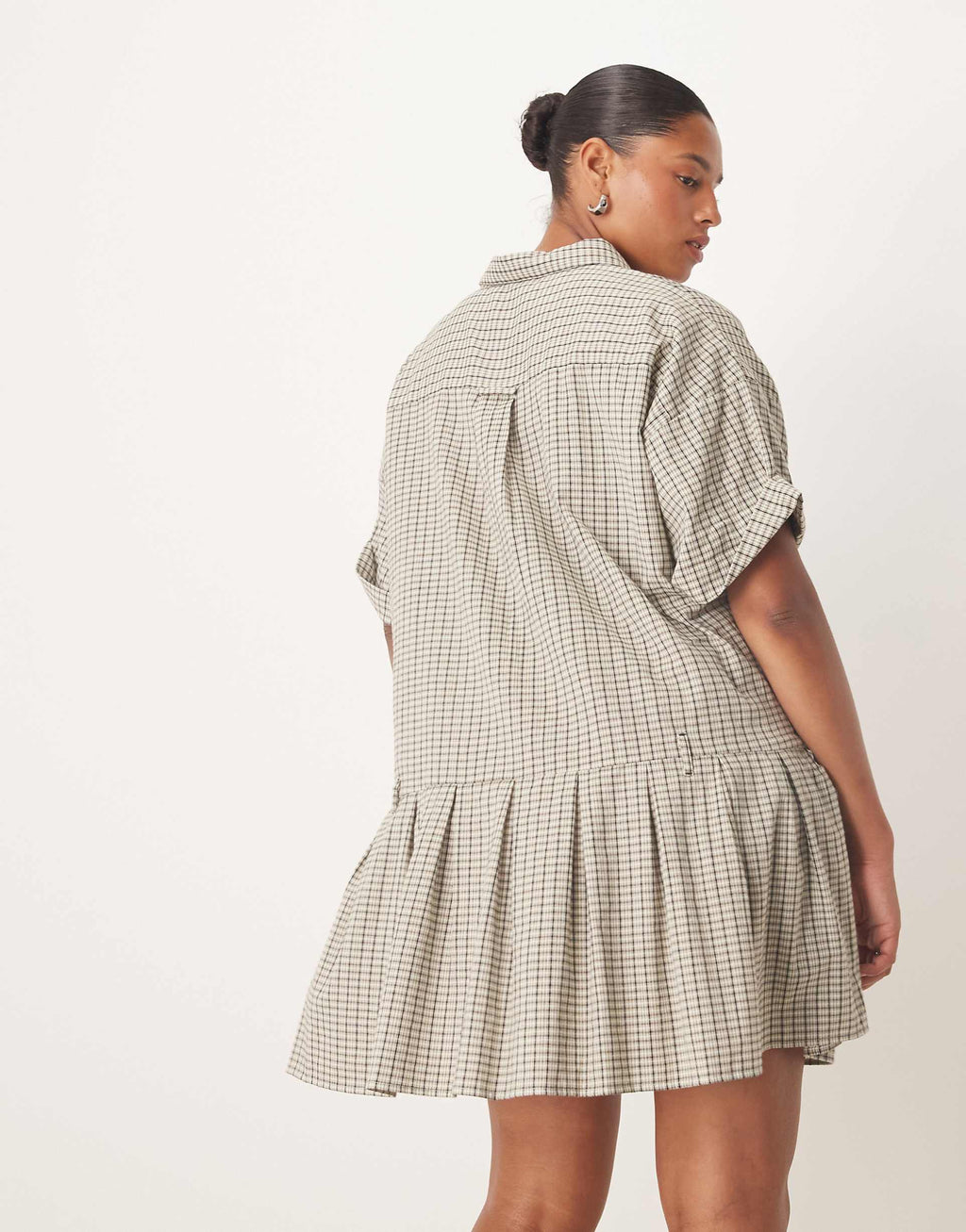ASOS DESIGN Curve boxy mini shirt dress with dropped waist in black and white plaid