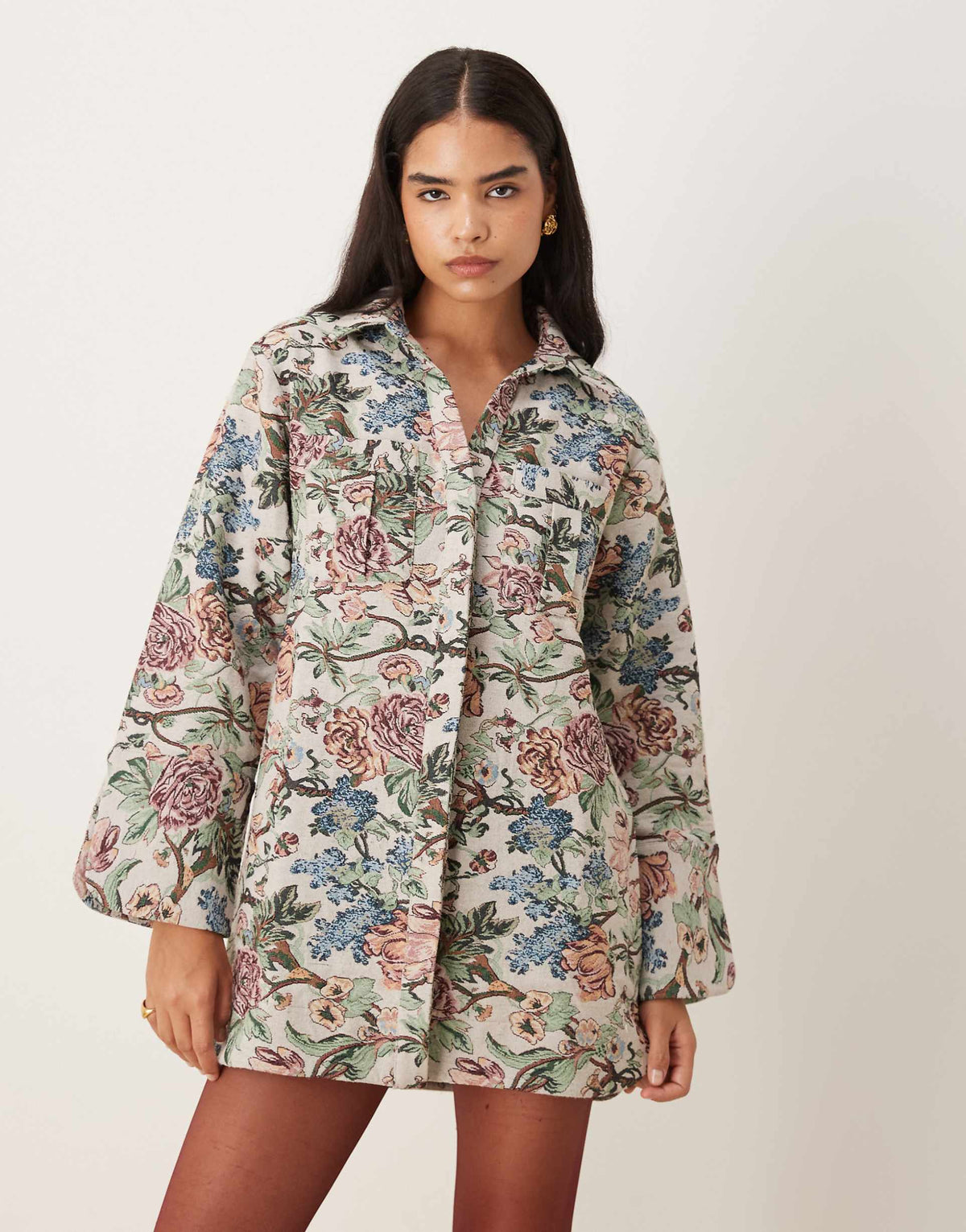 ASOS DESIGN oversized mini shirt dress with wide cuffs and pockets in tapestry print