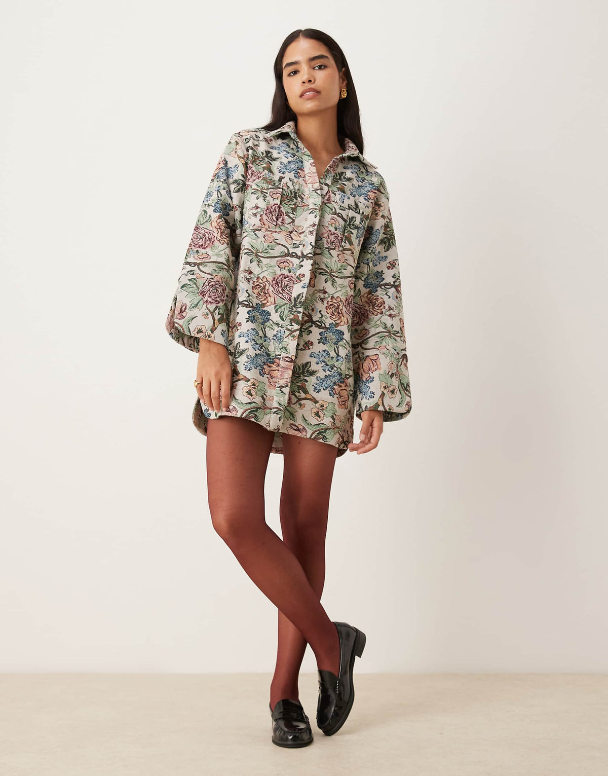 ASOS DESIGN oversized mini shirt dress with wide cuffs and pockets in tapestry print