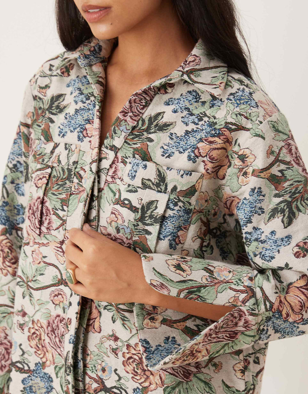 ASOS DESIGN oversized mini shirt dress with wide cuffs and pockets in tapestry print
