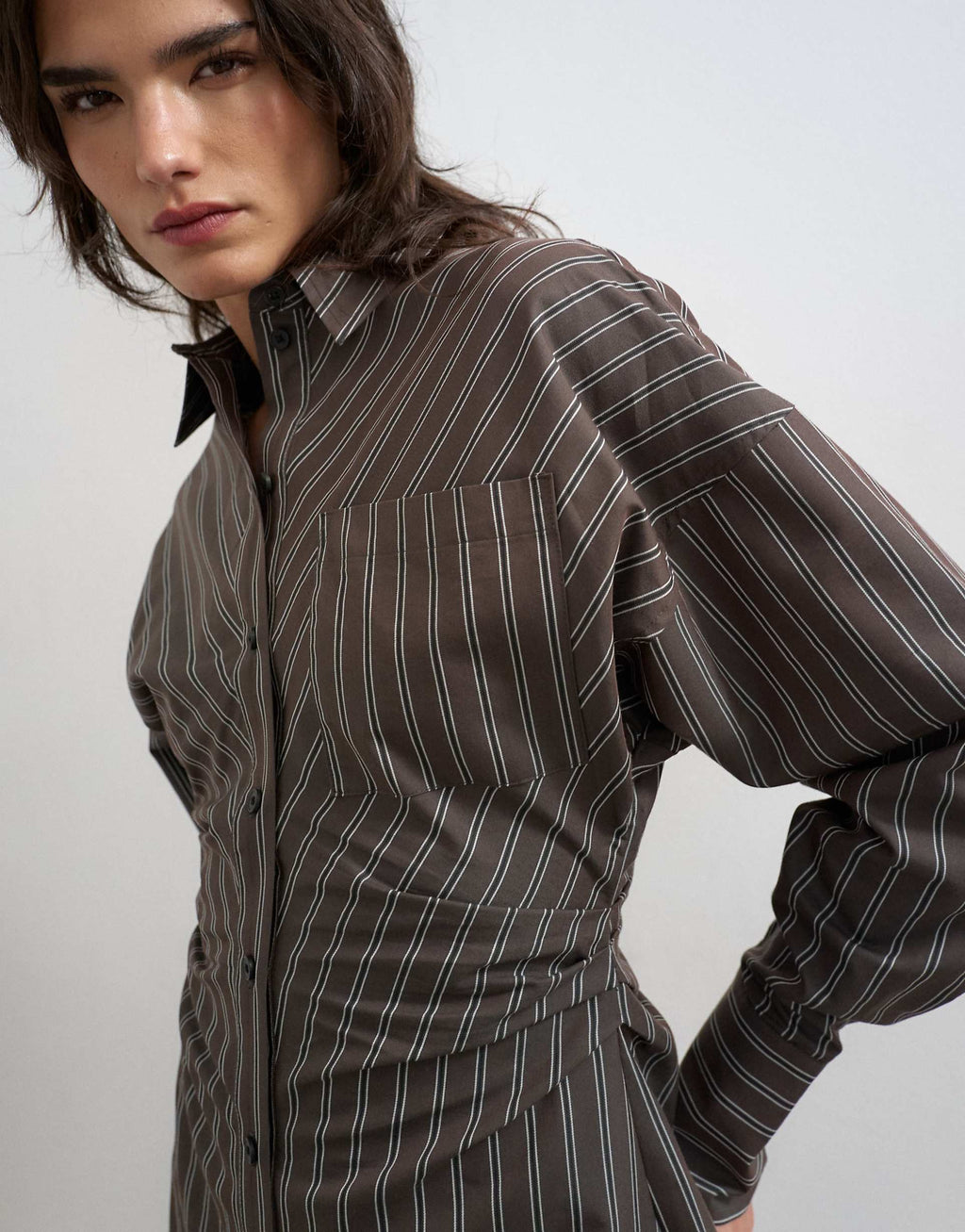 Topshop gathered waist long sleeve shirt dress in burgundy stripes