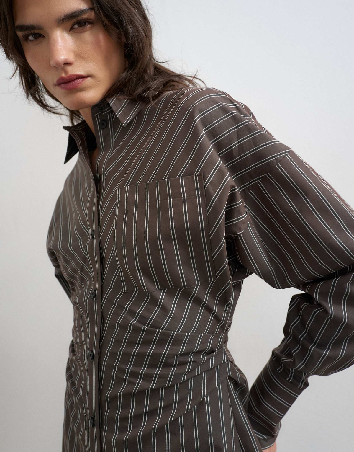 Topshop gathered waist long sleeve shirt dress in burgundy stripes