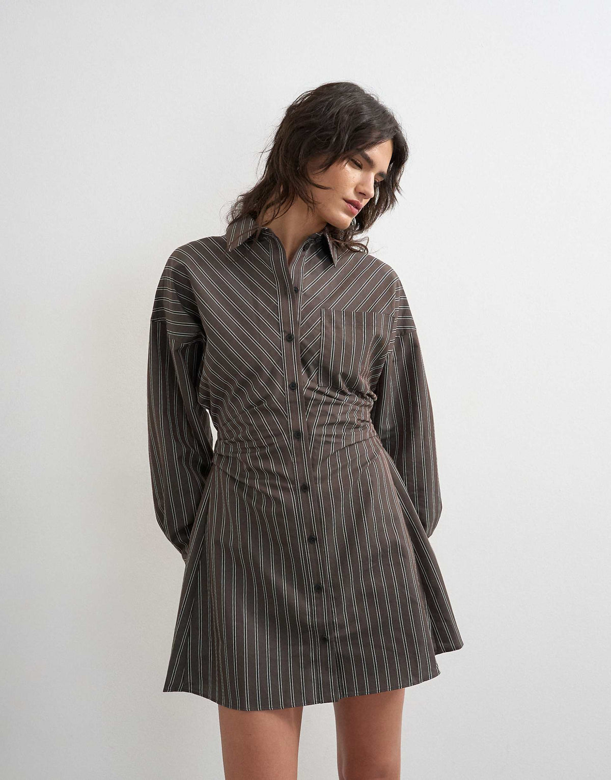 Topshop gathered waist long sleeve shirt dress in burgundy stripes