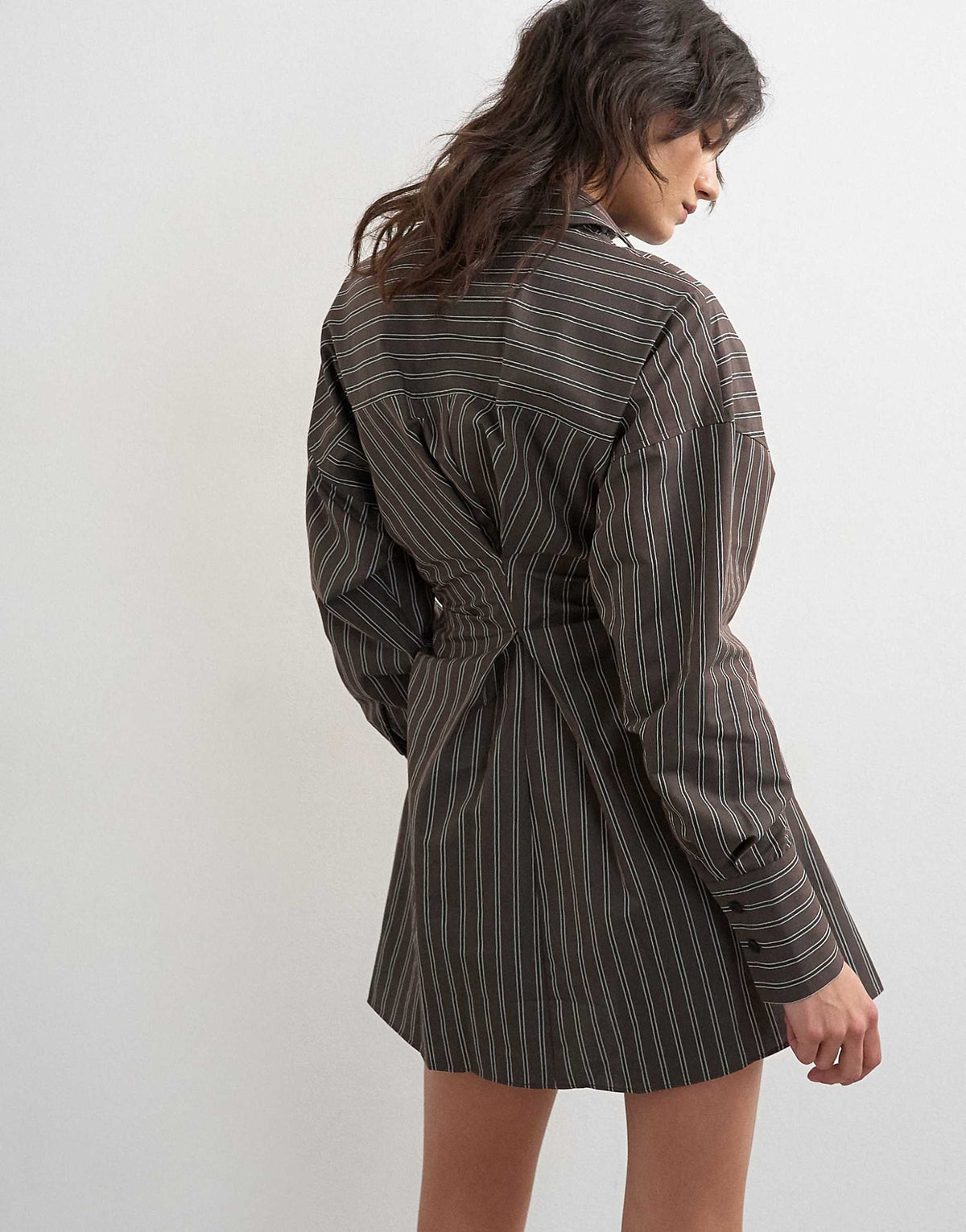 Topshop gathered waist long sleeve shirt dress in burgundy stripes