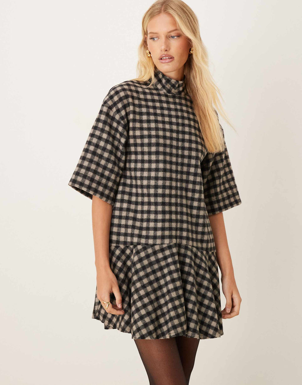 ASOS DESIGN high neck short sleeve mini dress with dropped waist in mono check