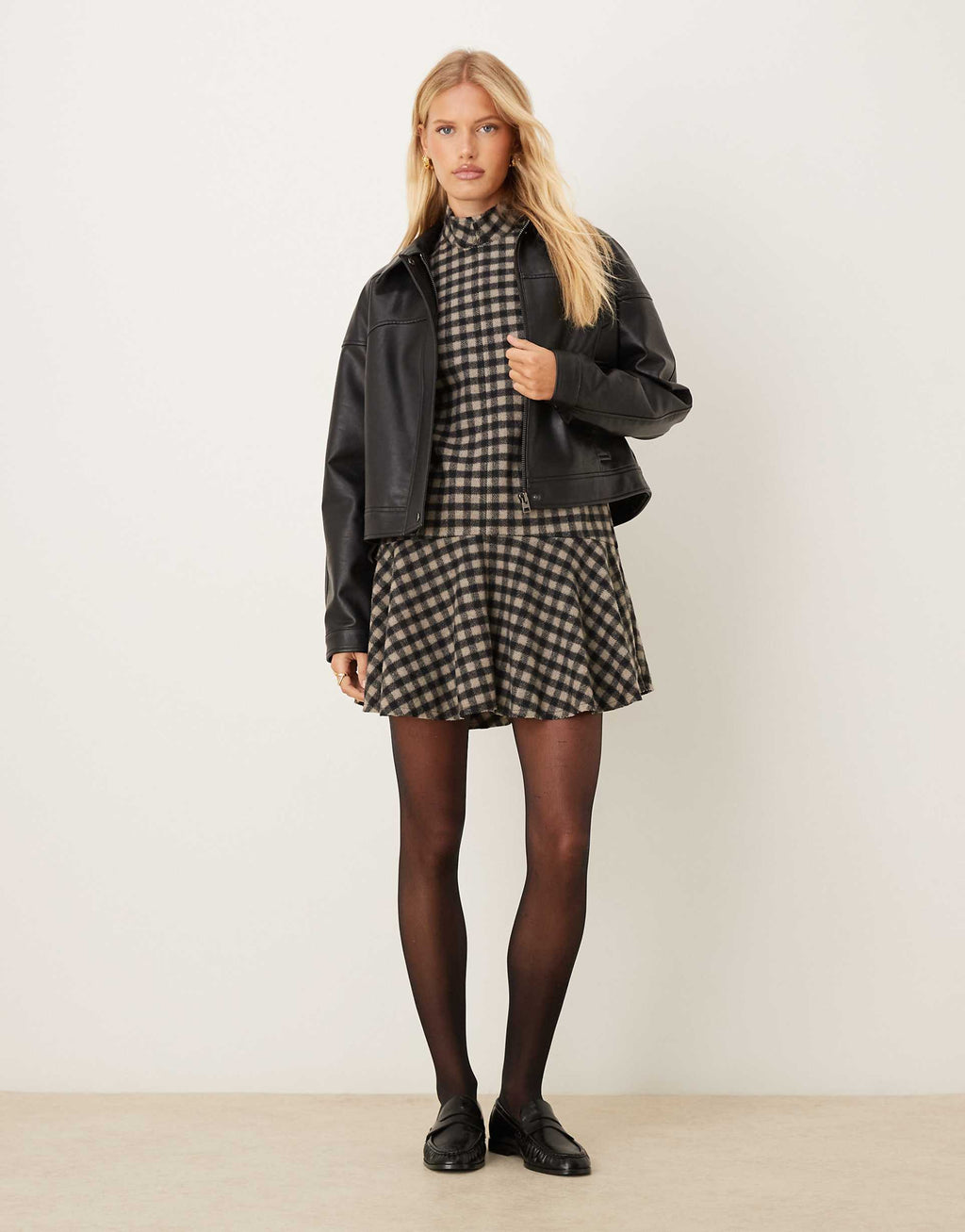 ASOS DESIGN high neck short sleeve mini dress with dropped waist in mono check