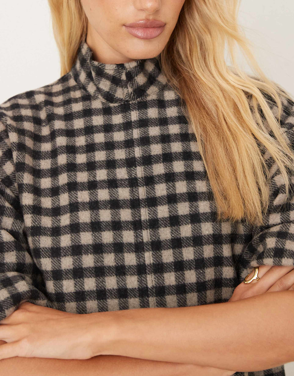 ASOS DESIGN high neck short sleeve mini dress with dropped waist in mono check