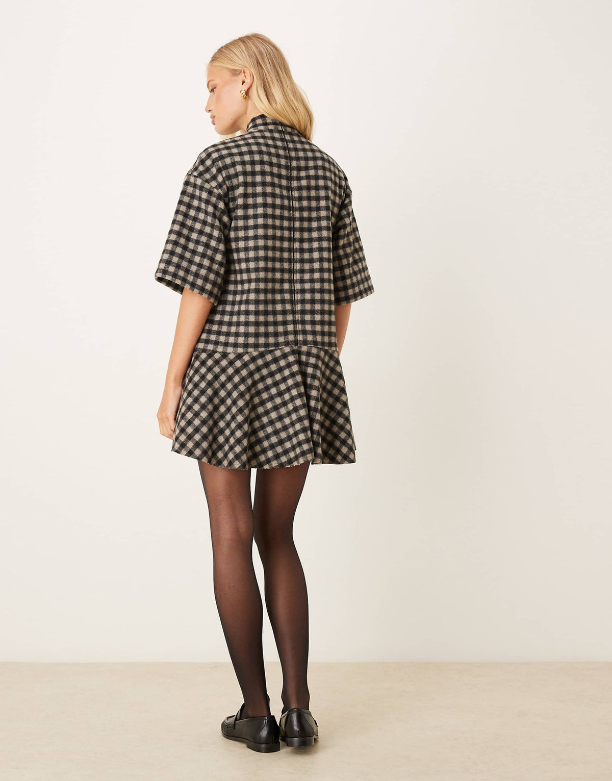ASOS DESIGN high neck short sleeve mini dress with dropped waist in mono check