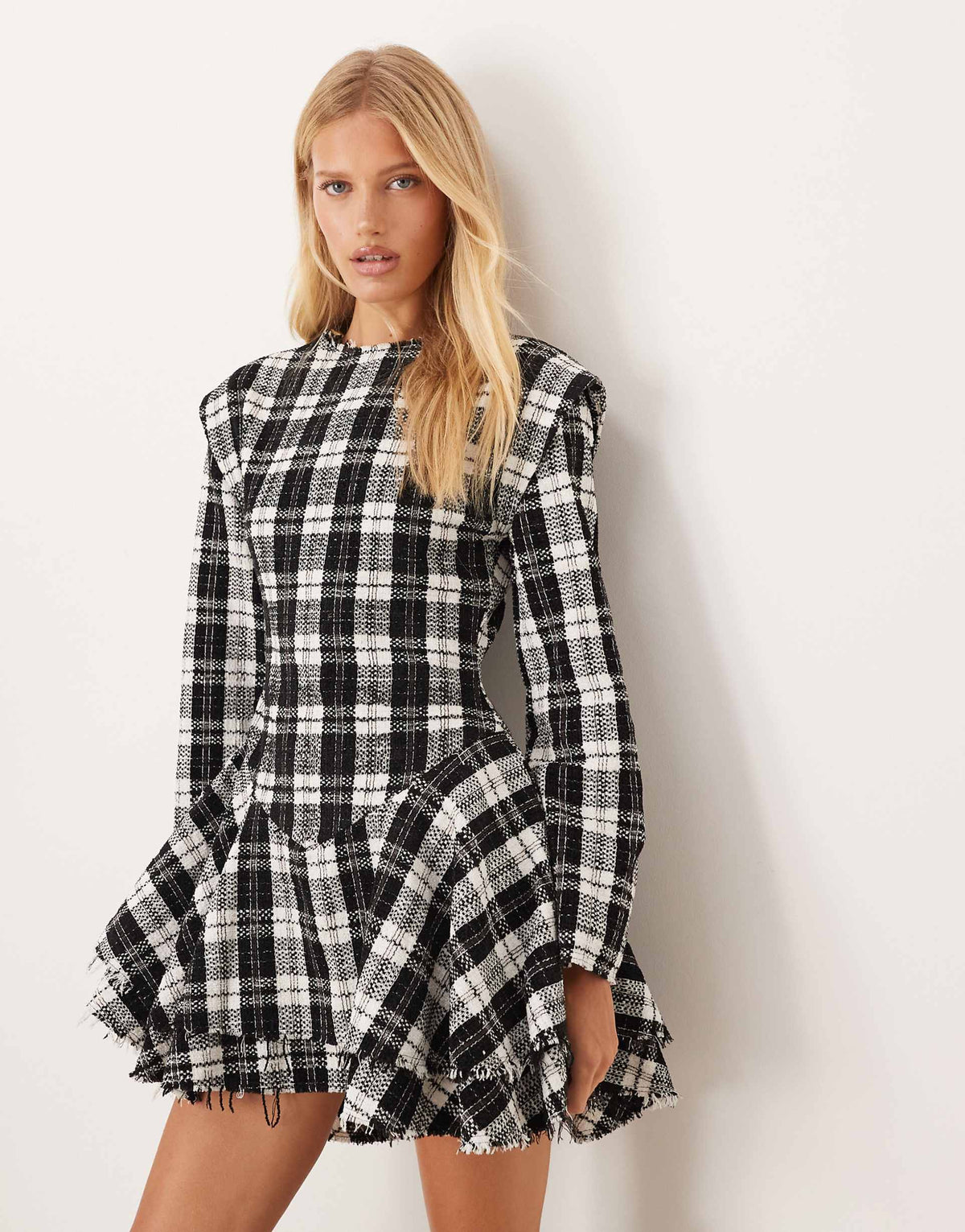 ASOS DESIGN slash neck dropped waist mini dress with distressed hem in check