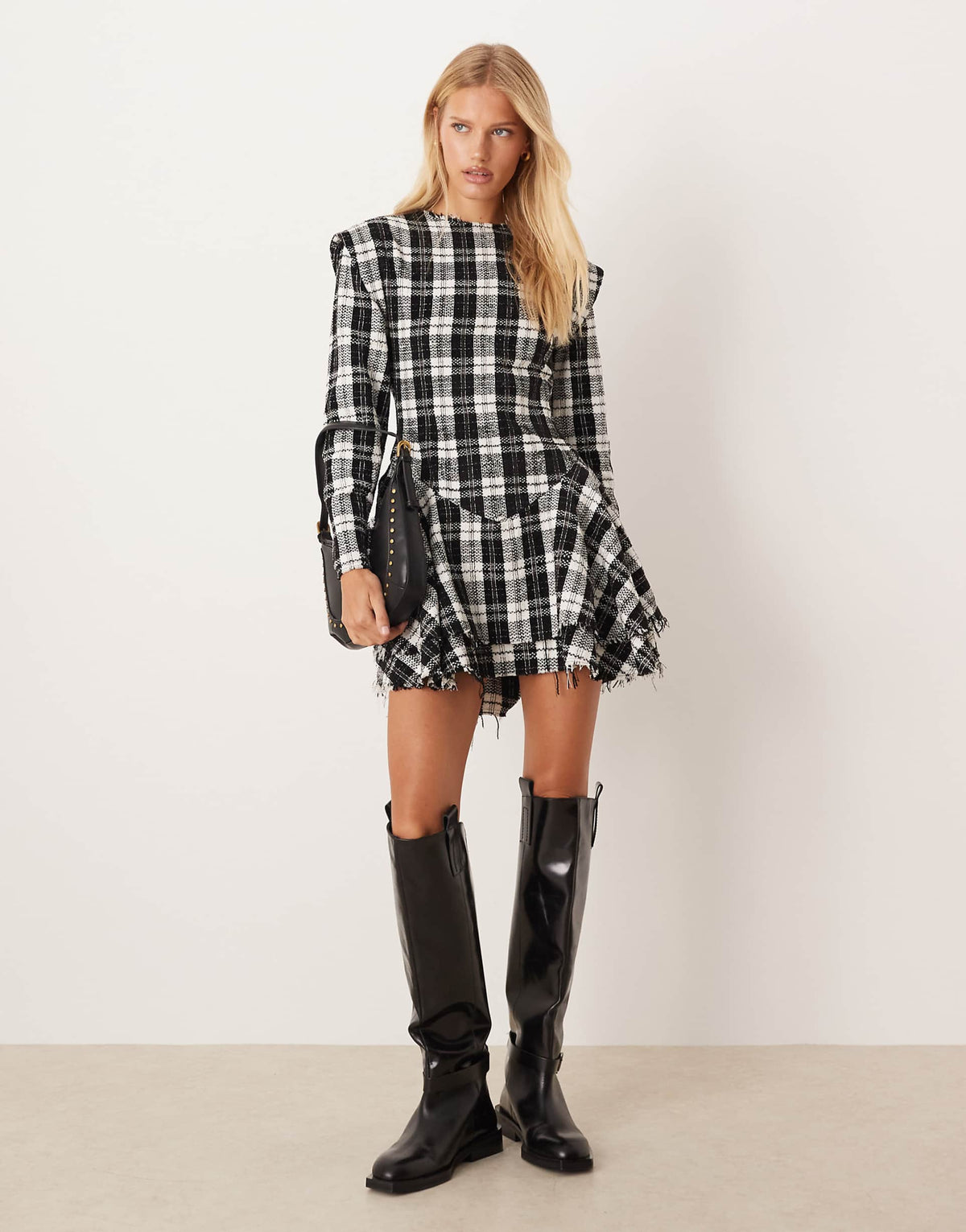 ASOS DESIGN slash neck dropped waist mini dress with distressed hem in check