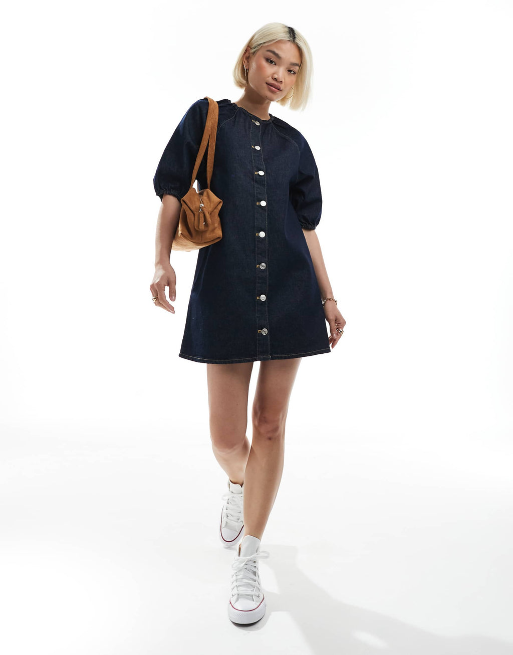 ASOS DESIGN raglan puff sleeve denim mini dress in rinse wash