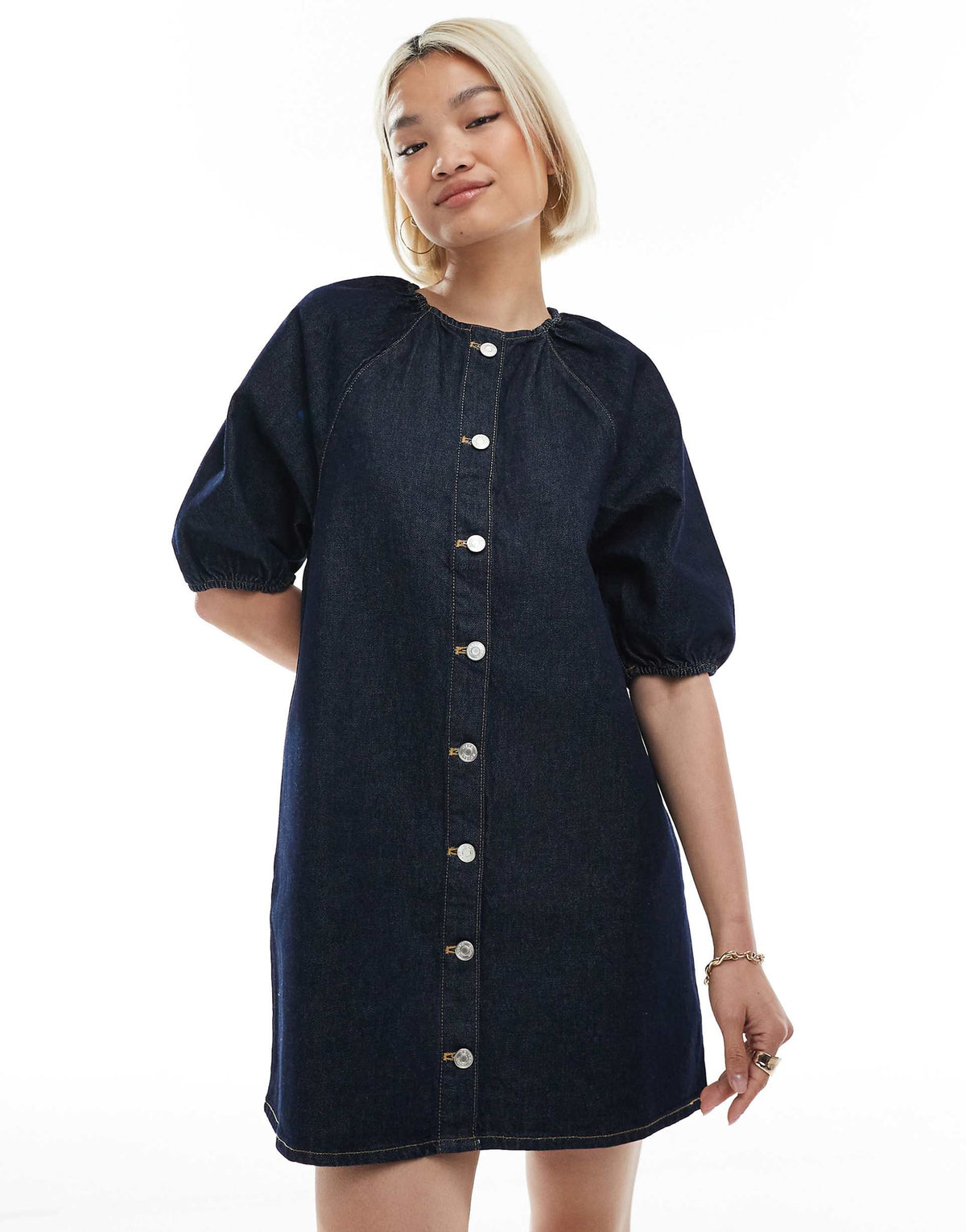 ASOS DESIGN raglan puff sleeve denim mini dress in rinse wash