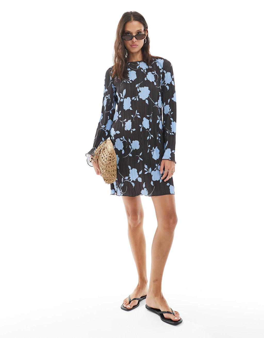 Vero Moda long sleeve plisse mini dress in chocolate and blue floral print