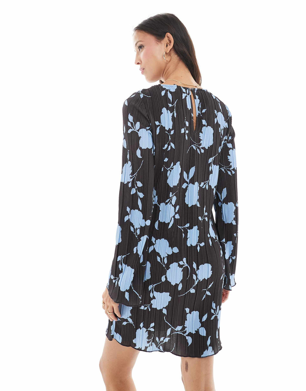 Vero Moda long sleeve plisse mini dress in chocolate and blue floral print