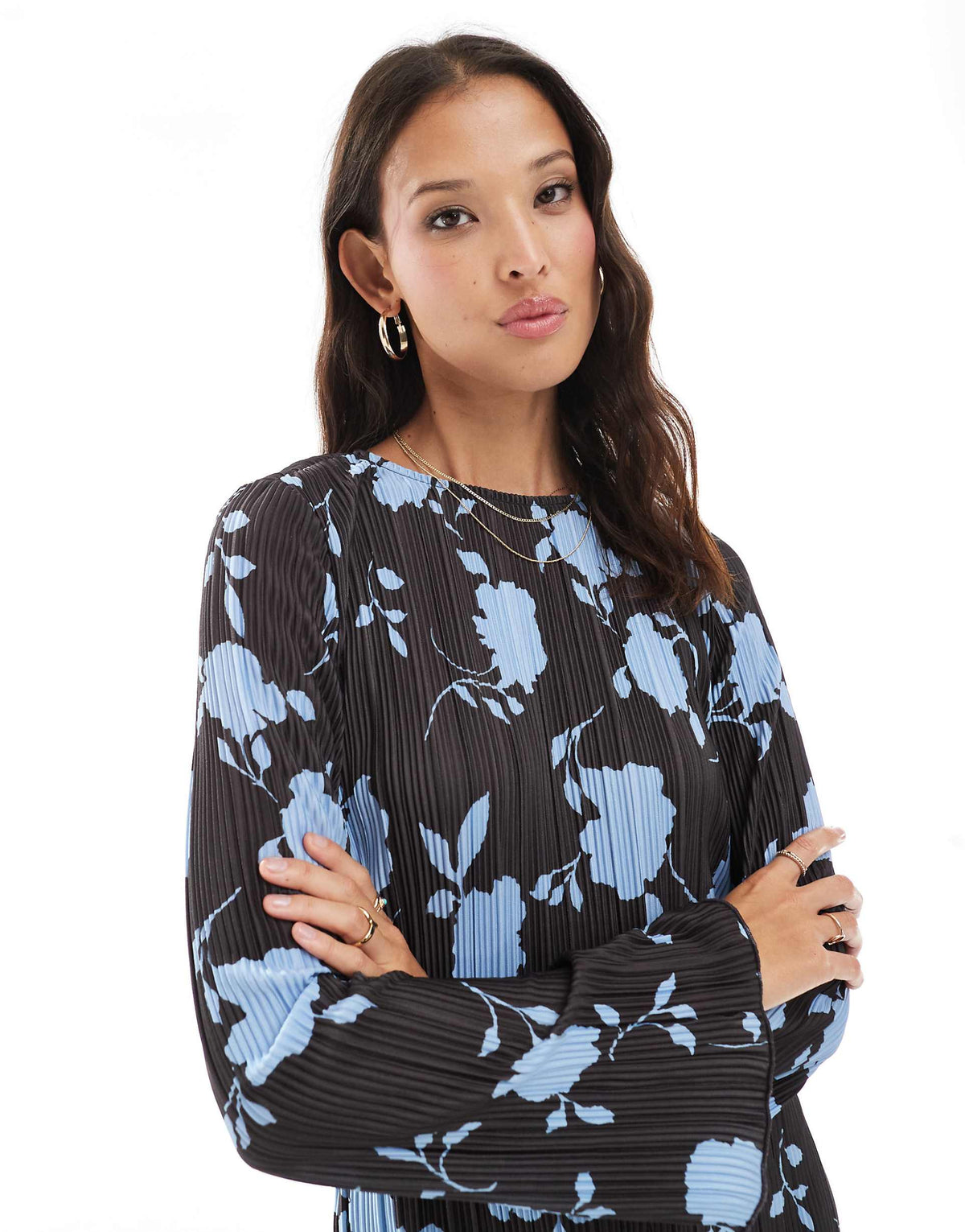 Vero Moda long sleeve plisse mini dress in chocolate and blue floral print