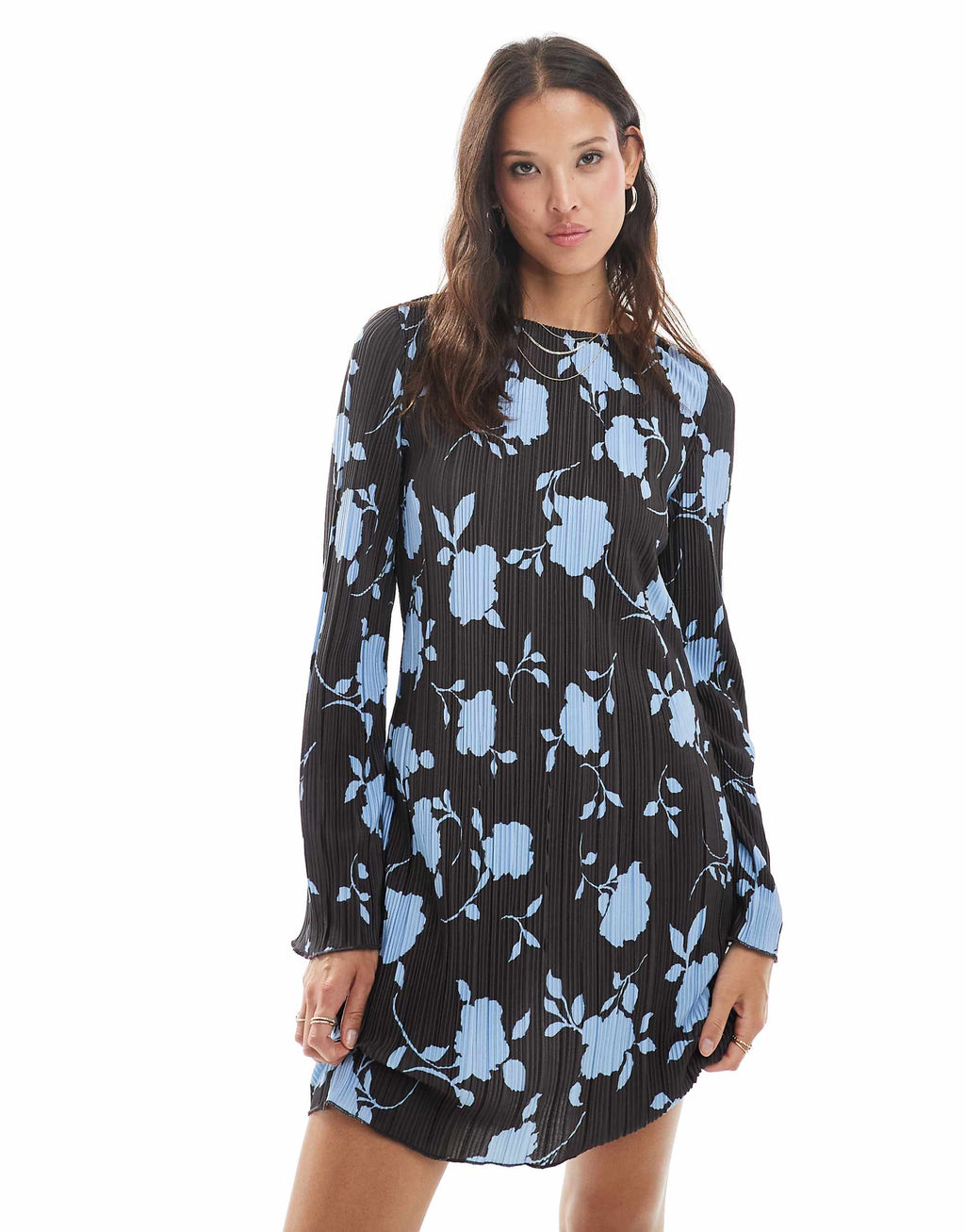 Vero Moda long sleeve plisse mini dress in chocolate and blue floral print