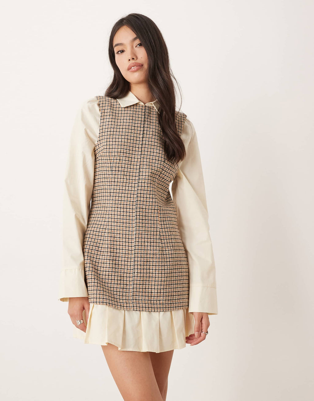 ASOS DESIGN shirt hybrid mini dress with peplum hem in tan plaid
