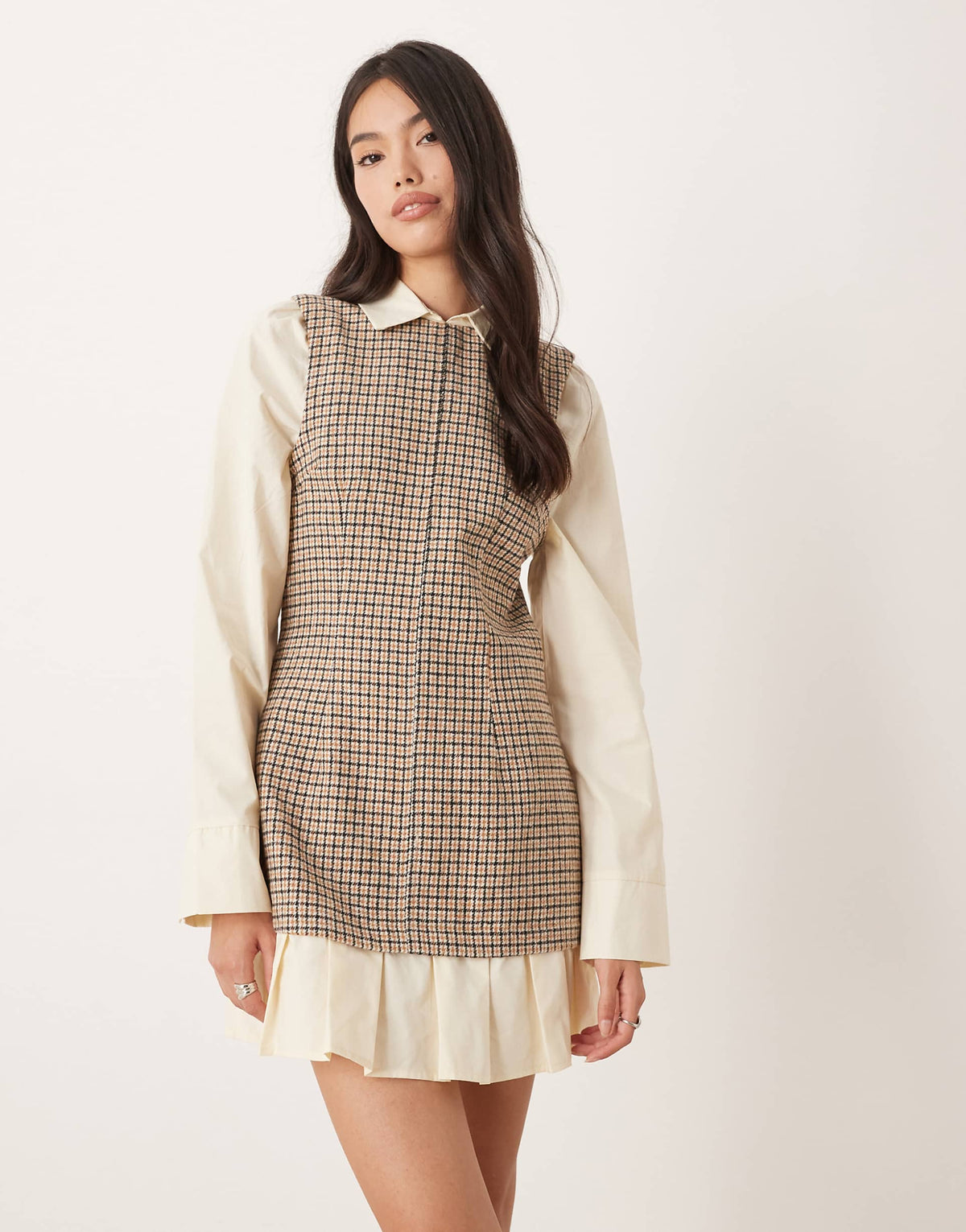 ASOS DESIGN shirt hybrid mini dress with peplum hem in tan plaid
