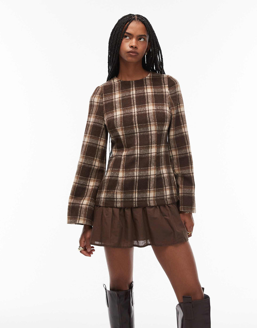 ASOS DESIGN hybrid dropped waist mini dress in chocolate check