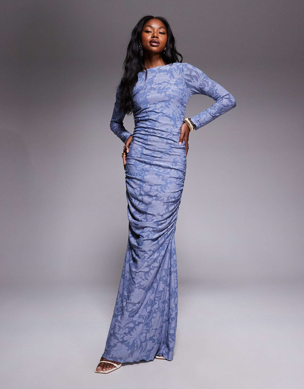 ASOS DESIGN devore long sleeve ruched maxi dress in bright blue